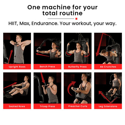 Multi-functional home gym machine for HIIT, strength & endurance workouts: rows, press, curls, leg extensions
