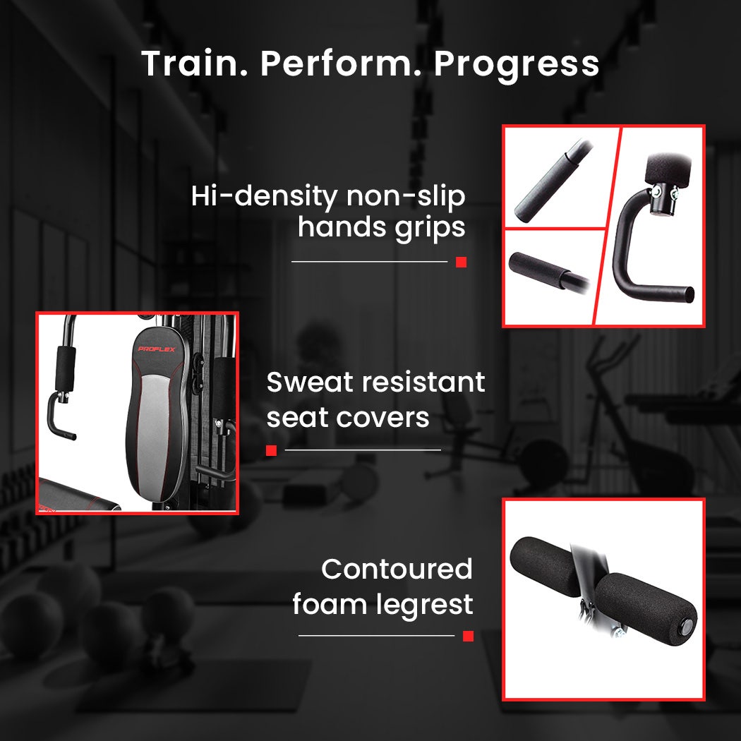 Home gym equipment with non-slip grips, sweat-resistant seat, and contoured foam leg rest for training