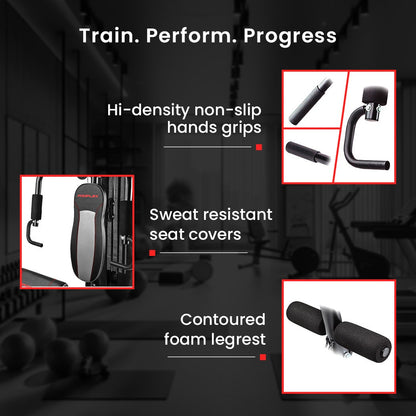 Home gym equipment with non-slip grips, sweat-resistant seat, and contoured foam leg rest for training