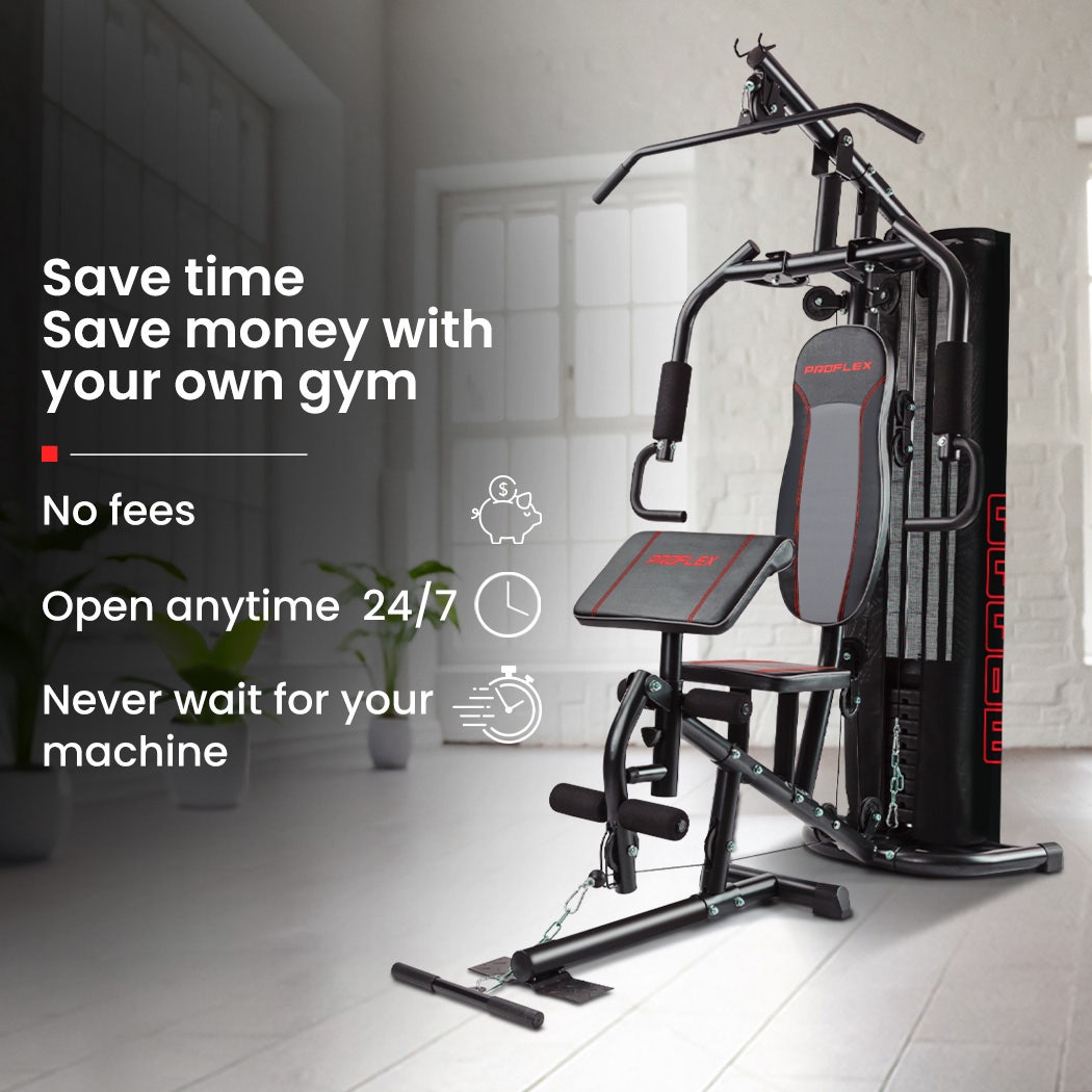 Home gym machine with pull-up bar, weight stack, and adjustable bench for full-body workouts