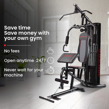 Home gym machine with pull-up bar, weight stack, and adjustable bench for full-body workouts