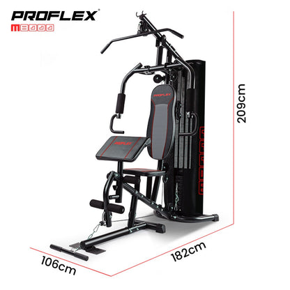 Proflex home gym machine with pull-up bar, weight stack, and bench, 209cm height, 182cm width, 106cm depth