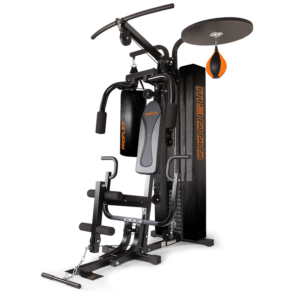 Proflex home gym machine with punching bag, weight stack, and pull-up bar for full-body workouts