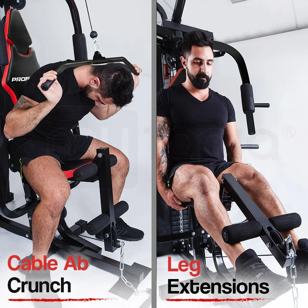 Man using home gym machine for cable ab crunch and leg extension exercises