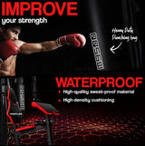 Man boxing with red gloves next to heavy duty waterproof punching bag and ProFlex gym bench