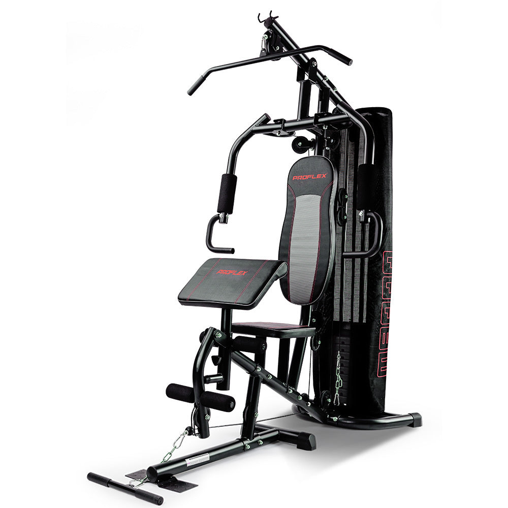 PROFLEX home gym machine with weight stack, pull-up bar, and adjustable bench for full-body workouts