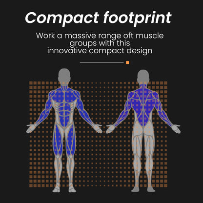 Compact footprint workout machine targeting multiple muscle groups with innovative design