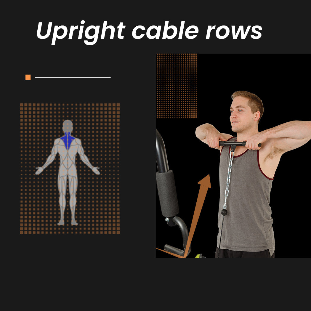 Man performing upright cable rows, targeting back and shoulder muscles, gym exercise guide