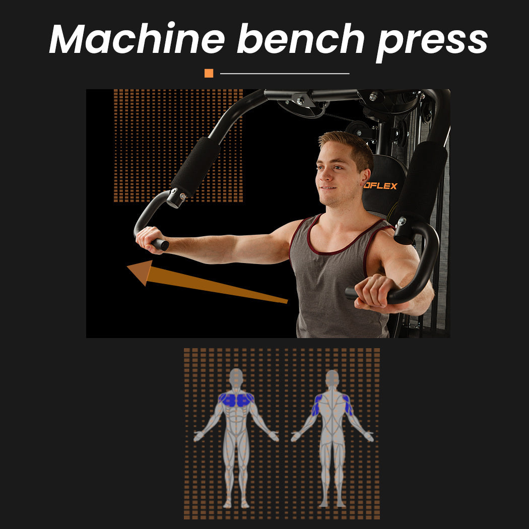 Man using machine bench press for chest workout, targeting pectoral muscles with gym equipment
