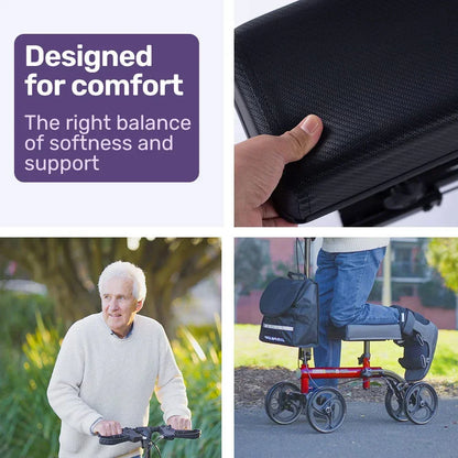 Knee Scooter Walker with Dual Brakes & Bag Red