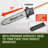 BAUMR-AG 65cc 9in1 Long Reach Garden Multi-tool, Pole Saw, Hedge & Line Trimmer, Brush Cutter, 12" Tree Trimming Pruning Chainsaw Bar, 2 Extension Shafts