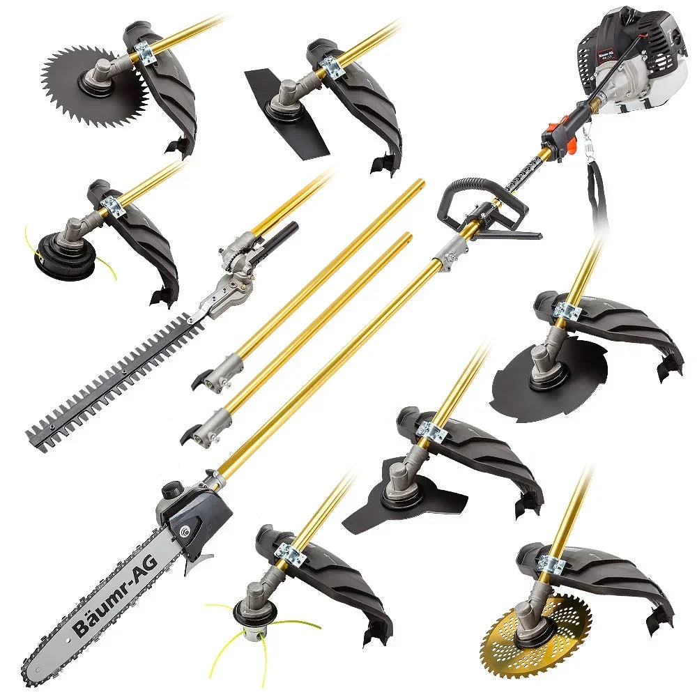 BAUMR-AG 65cc 9in1 Long Reach Garden Multi-tool, Pole Saw, Hedge & Line Trimmer, Brush Cutter, 12" Tree Trimming Pruning Chainsaw Bar, 2 Extension Shafts