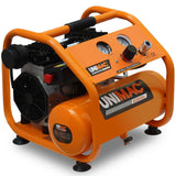 Portable orange air compressor with gauges and handle, for workshop or garage use