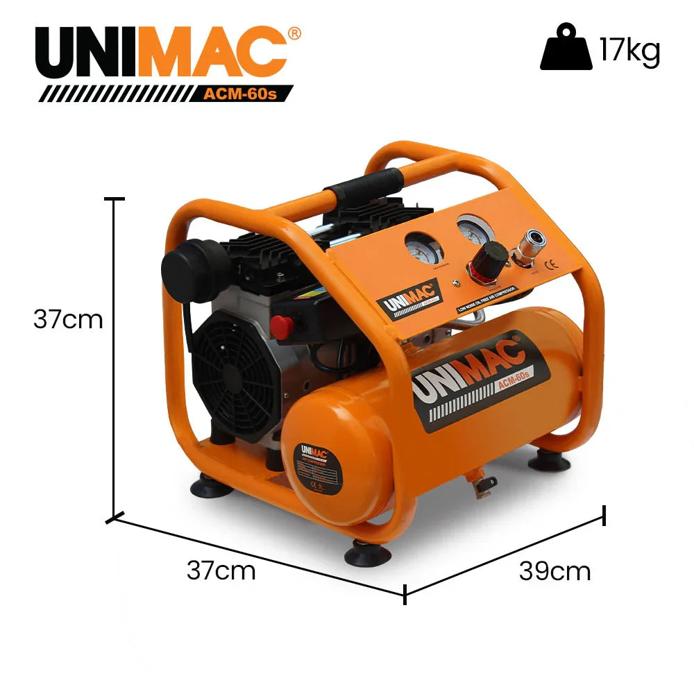 Compact portable orange air compressor with gauges, 37x39x37cm, 17kg weight