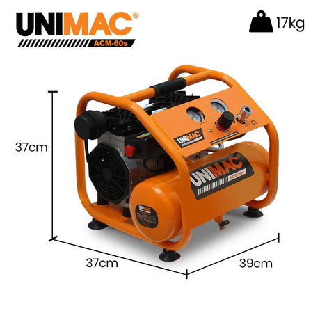 Compact portable orange air compressor with gauges, 37x39x37cm, 17kg weight