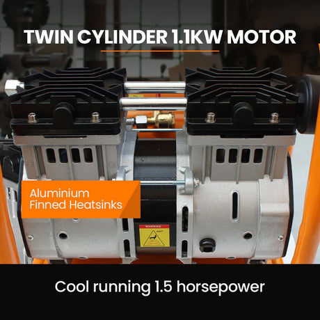 Twin cylinder 1.1kW motor with aluminium finned heatsinks and 1.5 horsepower label
