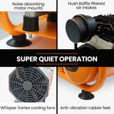 Orange air compressor with noise absorbing mounts, filtered air intakes, cooling fan, and anti-vibration rubber feet.