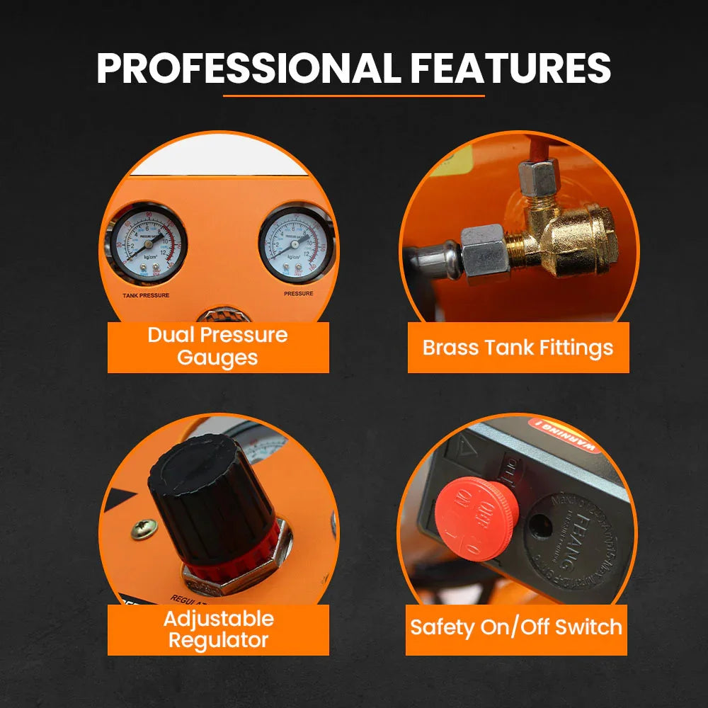 Air compressor features dual pressure gauges, brass tank fittings, adjustable regulator, safety on/off switch