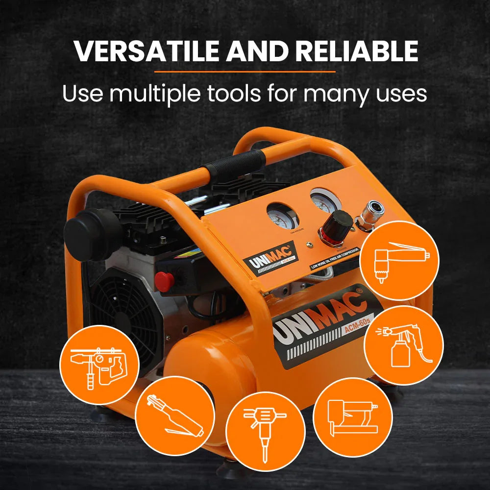 Portable orange air compressor with gauges and UNI MAC branding, surrounded by tool icons.