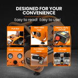 Orange air compressor with pull bar, dual gauges, non-skid feet, bleed lever, oil-free motor.