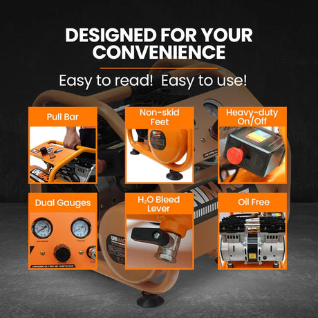 Orange air compressor with pull bar, dual gauges, non-skid feet, bleed lever, oil-free motor.