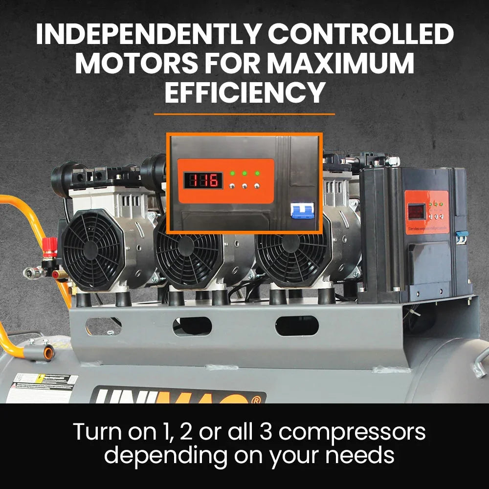 Triple motor air compressor with digital control panel for adjustable compressor usage