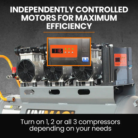 Triple motor air compressor with digital control panel for adjustable compressor usage