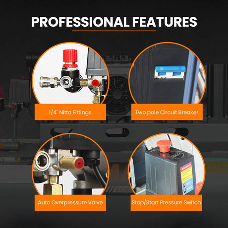 Air compressor with nitto fittings, circuit breaker, overpressure valve, and pressure switch features.