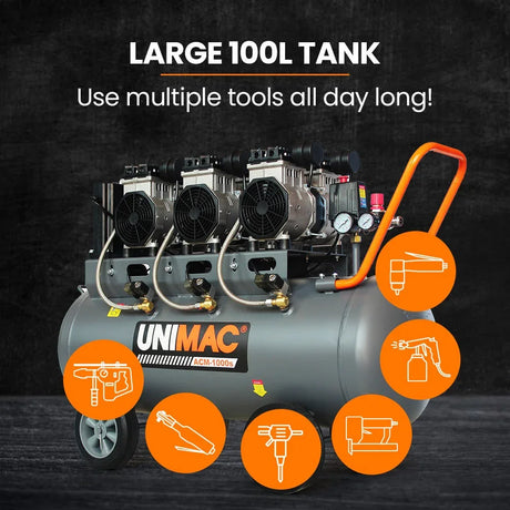 Large 100L tank air compressor with wheels, suitable for multiple tools, Unimac ACM-1000S model.