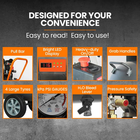 Compressor features pull bar, LED display, heavy-duty switch, grab handles, tyres, pressure gauges, bleed lever, and safety valve.