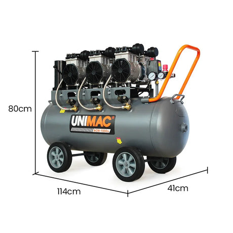Large portable air compressor with four wheels, orange handle, and tank size dimensions shown