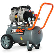 Portable air compressor with dual gauges, metal tank, and orange handle on wheels