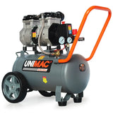 Portable air compressor with dual gauges, metal tank, and orange handle on wheels