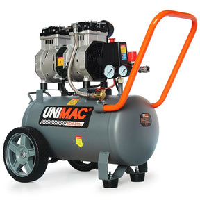 Portable air compressor with dual gauges, metal tank, and orange handle on wheels