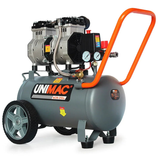 Portable air compressor with dual gauges, metal tank, and orange handle on wheels