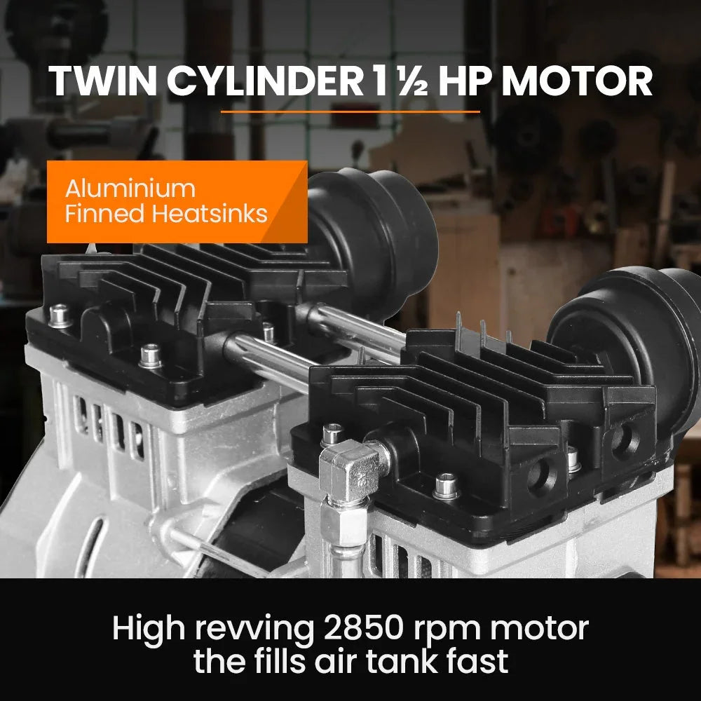 Twin cylinder 1.5 HP air compressor motor with aluminium finned heatsinks, 2850 rpm.