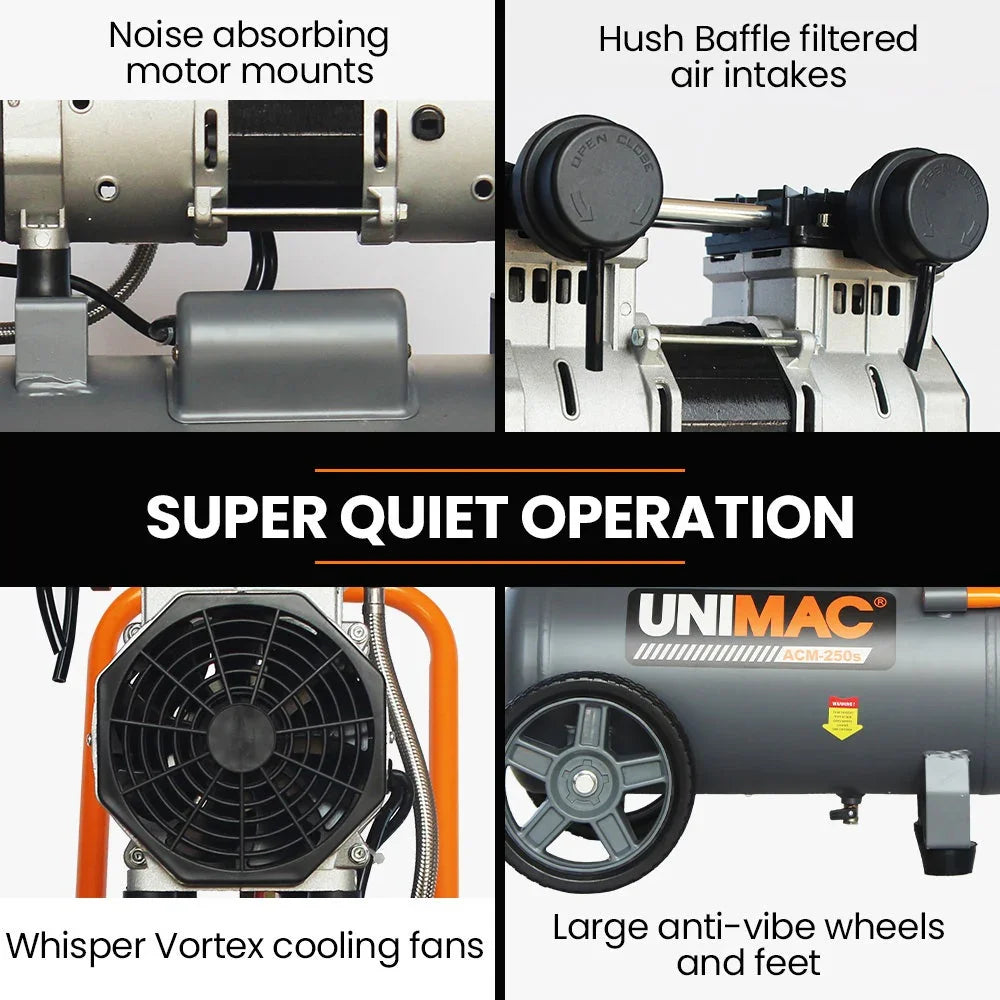 Quiet air compressor features noise absorbing mounts, filtered intakes, cooling fans, and large wheels.
