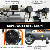 Quiet air compressor features noise absorbing mounts, filtered intakes, cooling fans, and large wheels.