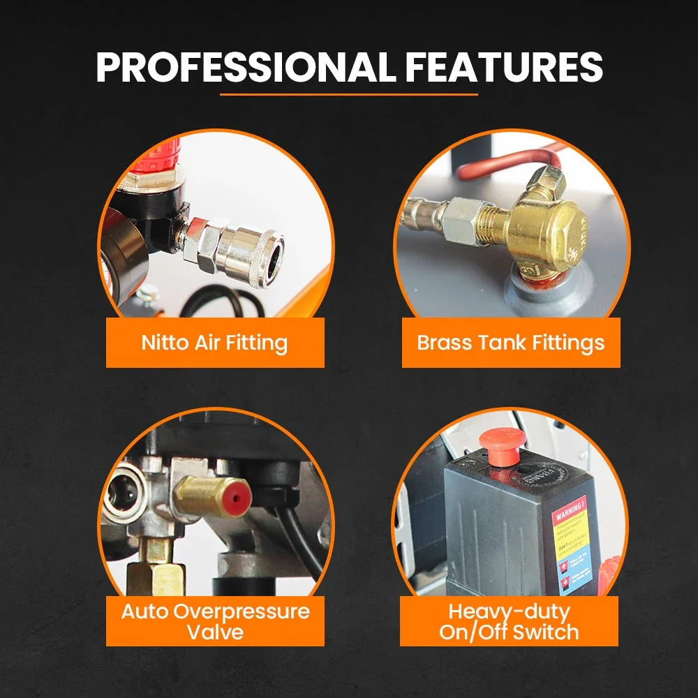 Air compressor features showing Nitto air fitting, brass tank fittings, overpressure valve, and on/off switch.