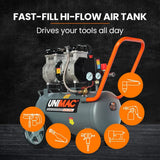 Unimac ACM-250s hi-flow air compressor tank with gauges, compatible with multiple power tools.