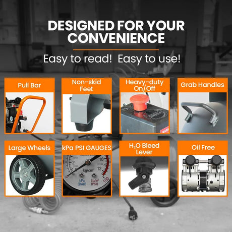Features of portable air compressor including pull bar, non-skid feet, large wheels, PSI gauges.