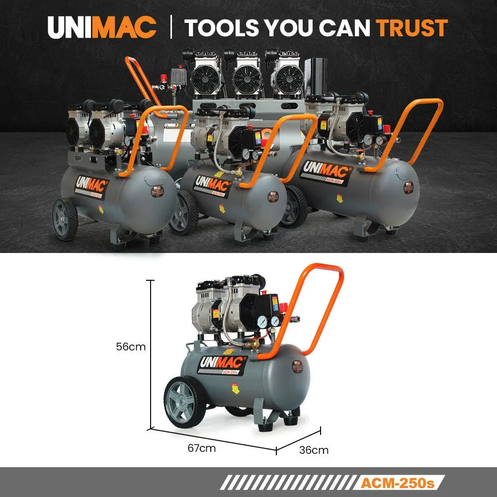 Unimac portable air compressors with wheels, handles, and dimensions 67x36x56cm, garage setting.