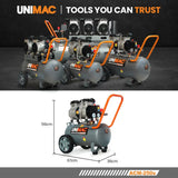 Unimac portable air compressors with wheels, handles, and dimensions 67x36x56cm, garage setting.
