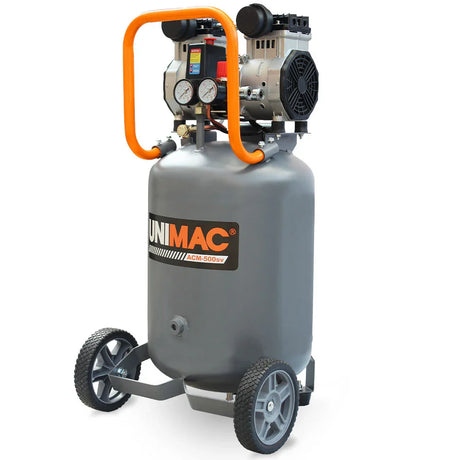 Portable electric air compressor with pressure gauges and wheels, grey tank, orange handle