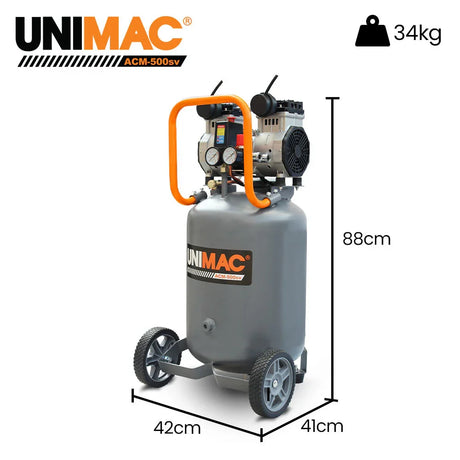 Portable air compressor with handle, wheels, gauges, and dimensions 88x42x41cm, 34kg weight