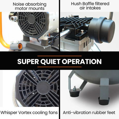 Quiet air compressor features noise absorbing mounts, filtered intakes, cooling fans, and rubber feet.