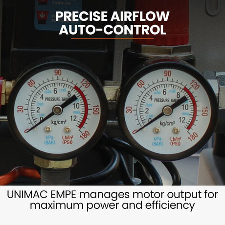 Close-up of air compressor pressure gauges with precise airflow auto-control feature