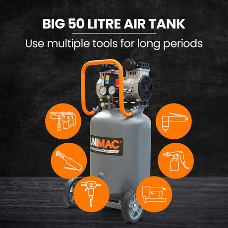 50 litre air compressor tank with multiple tool icons, gauges, and wheels on dark background