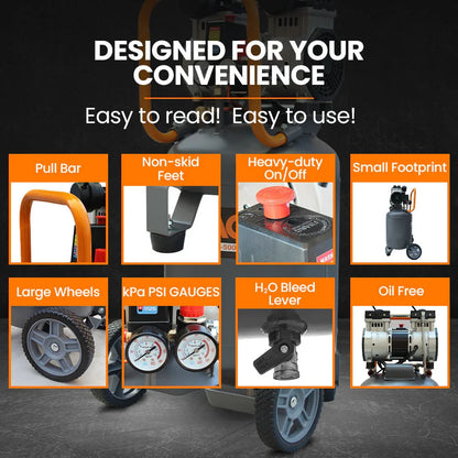 Air compressor features pull bar, non-skid feet, large wheels, oil-free motor, and easy controls.