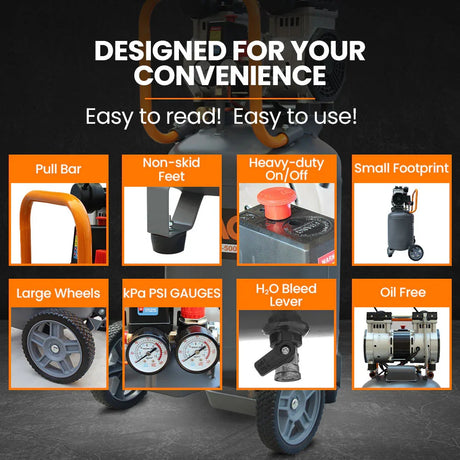 Air compressor features pull bar, non-skid feet, large wheels, oil-free motor, and easy controls.
